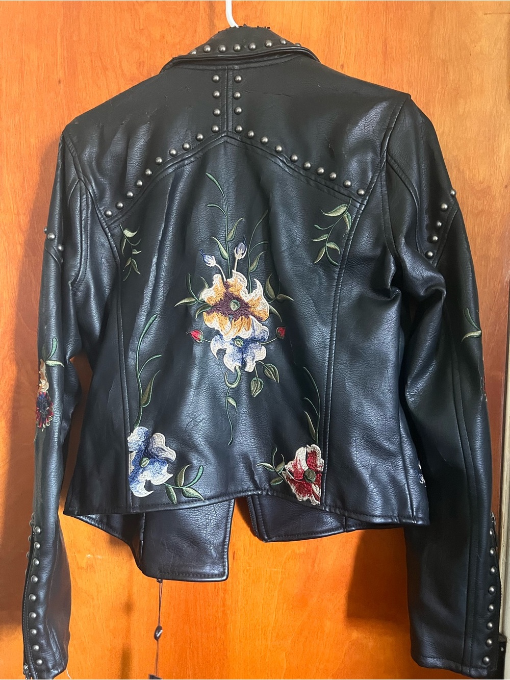 Blank NYC Black Faux Leather Jacket with Multicolor Floral Embroidery - Picture 9 of 9